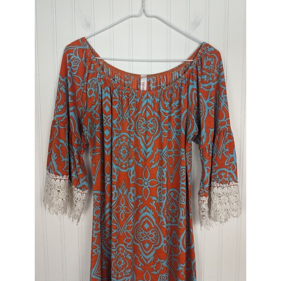 Yahada BOHO TUNIC Blouse Shirt Top Small Orange Teal Crochet LACE 3/4 Sleeve‎ - Picture 2 of 7